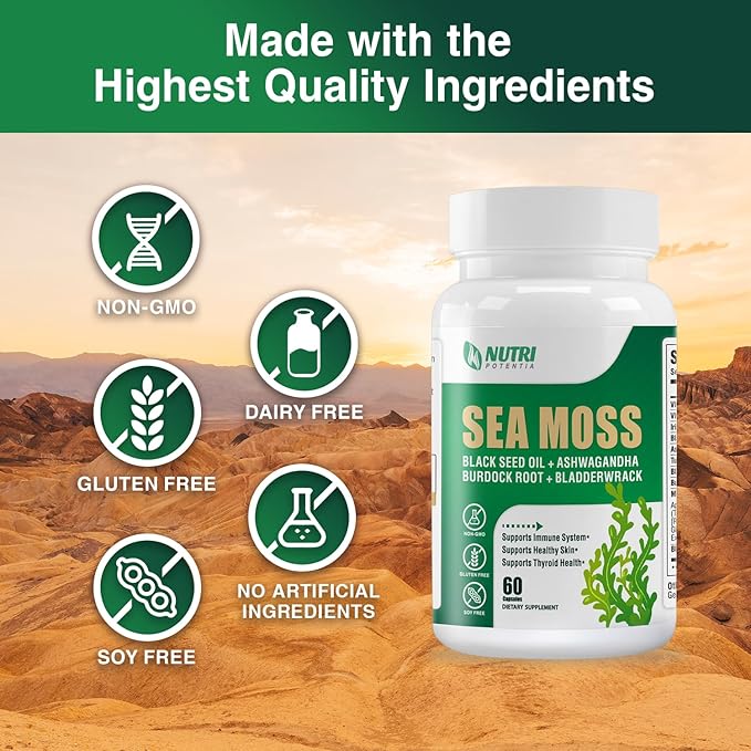 Sea Moss Black Seed Oil Ashwagandha Ginger Supplement - Irish Sea Moss with Turmeric, Bladderwrack & Burdock - 16 in 1 Immune, Joint and Gut Support - 60 Capsules