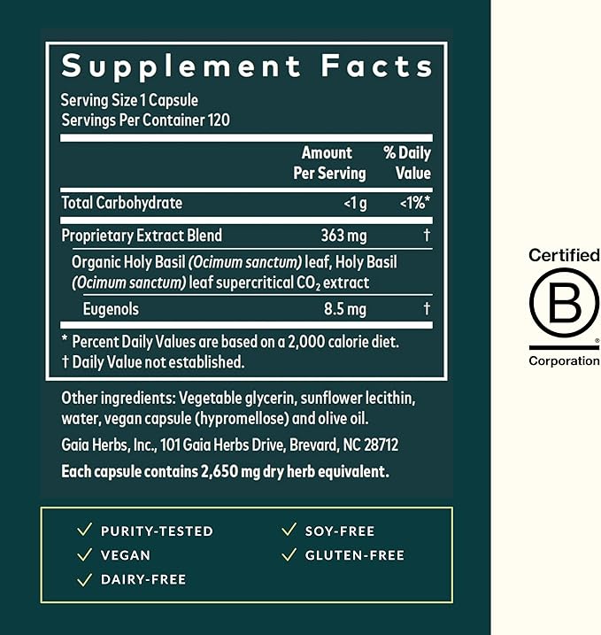 Gaia Herbs Holy Basil Leaf - Helps Sustain a Positive Outlook and Balance in Times of Stress - an Adaptogenic Ayurvedic Herb - 120 Vegan Liquid Phyto-Capsules (60-Day Supply)