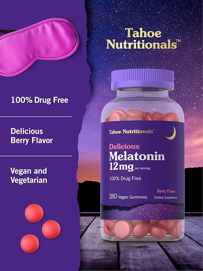 Carlyle Tahoe Nutritionals Melatonin Gummies 12mg | 180 Count | Berry Flavor | Drug Free Supplement | Vegan, Non-GMO, Gluten Free