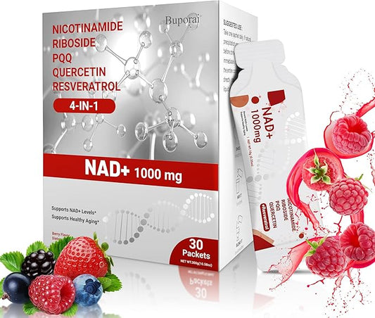 NAD Supplement 1000mg Pure Organic - NAD Supplements for Women & Men with Nicotinamide Riboside, Resveratrol, PQQ, Quercetin - NMN Supplement Alternative for Anti-Aging, Energy-30 Packets
