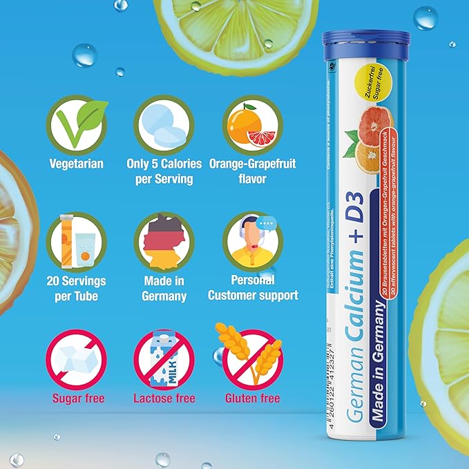 German Calcium + VIT. D - 100 Vegetarian Drink Effervescent Tablets - Orange-Grapefruit Flavor - Made in Germany