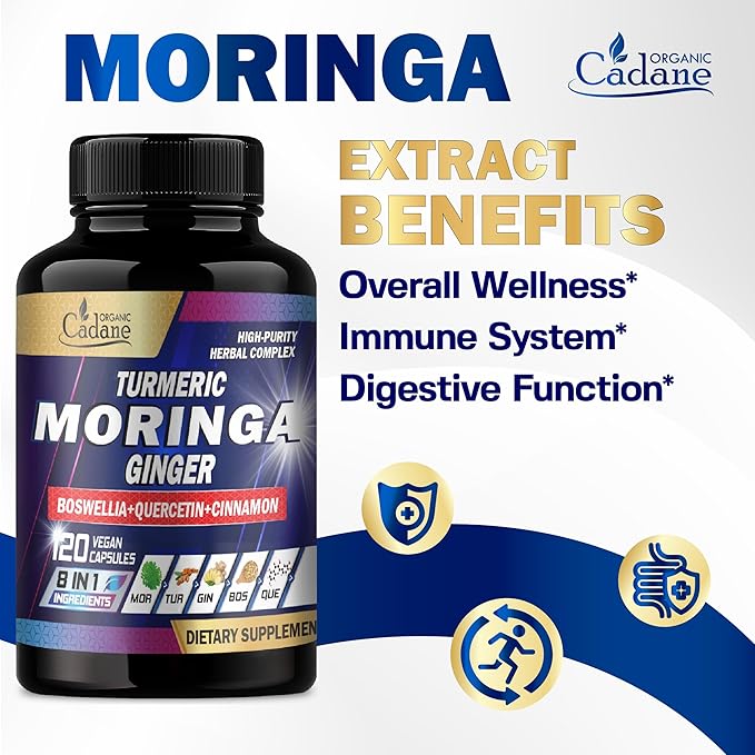 Organic Cadane Moringa Capsules with Turmeric, Boswellia, Quercetin, Ceylon Cinnamon, Holy Basil, Ginger, and Black Pepper - 8in1 Supplements - 120 Veggie Caps for 2 Months Supply