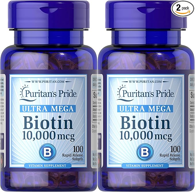 Puritan's Pride Premium Ultra Mega Biotin 10,000mcg, Dietary Supplement for Healthy Hair, Skin, Nails, and Energy Metabolism Support, 100 Day Supply, 100 Rapid Release Softgels, 2 Pack