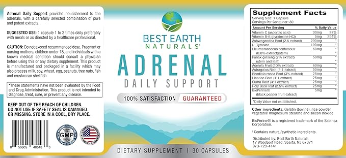 Best Earth Naturals - Adrenal Support for Adults - Holy Basil, B C Vitamins, L-Tyrosine, Rhodiola Rosea Root, Ashwagandha Supplements for Cortisol Manager Support - 30 Day Supply