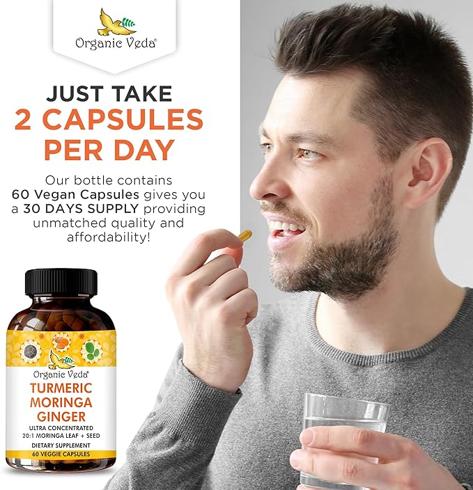 Organic Veda Turmeric Moringa Ginger Capsules - Super Antioxidants & Curcumin Supplement with 20:1 Moringa Leaf & Seed Extract, Black Pepper - Energy, Joints, Heart Health Support - 60 Vegan Pills