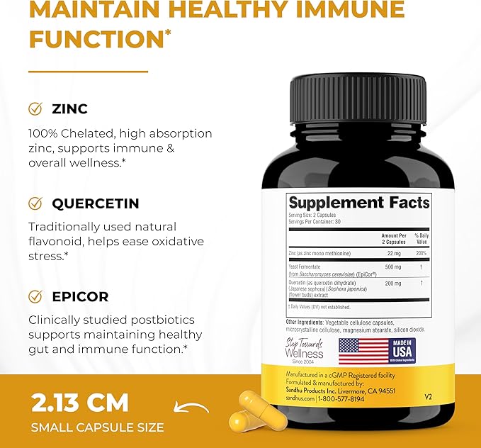 Sandhu’s Zinc Quercetin with EpiCor 60 Vegetarian Capsules - Gluten-Free Zinc Supplement - High Potency Immune Support