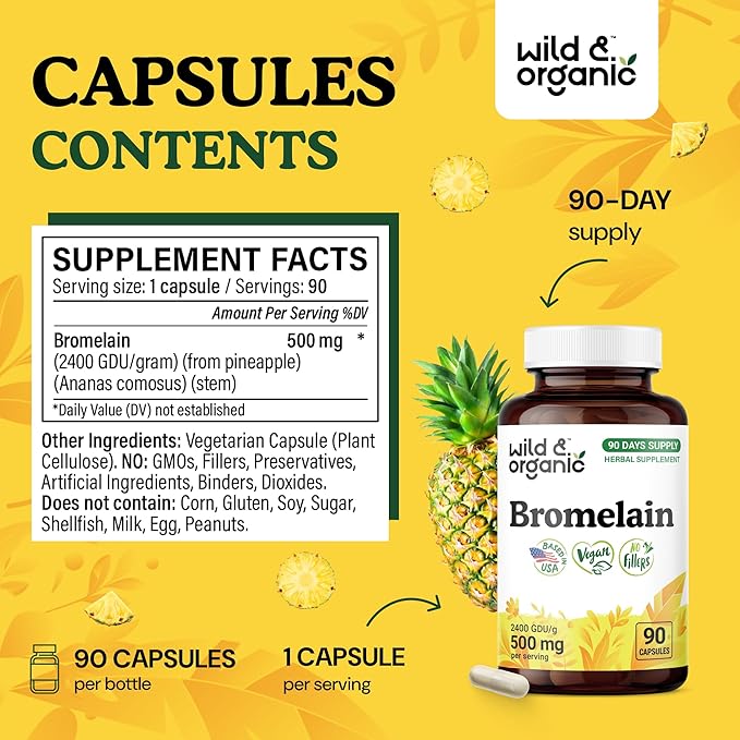Wild & Organic Bromelain 500 mg Capsules - Digestive Support - Natural Bromelain Supplement - Pineapple Enzyme Source - Vegan, No Fillers, Non-GMO - 90 Count