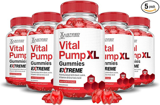 Justified Laboratories (5 Pack) Vital Pump XL Extreme 2000MG Performance Gummies Vital PumpXL Advanced Formula Formulated with Beet Juice ACV Pomegranate Powder B12 Vegan Non GMO 300 Gummys