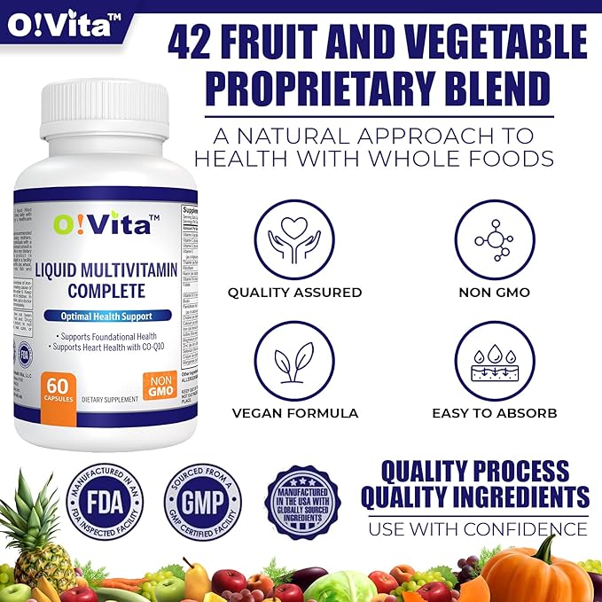 Liquid Multivitamin Complete, with a Full Spectrum of Vitamins and Minerals, Plus 42 Fruits and Vegetable Proprietary Blend, Easy Absorption (60 Vegan Liquid Filled Capsules)