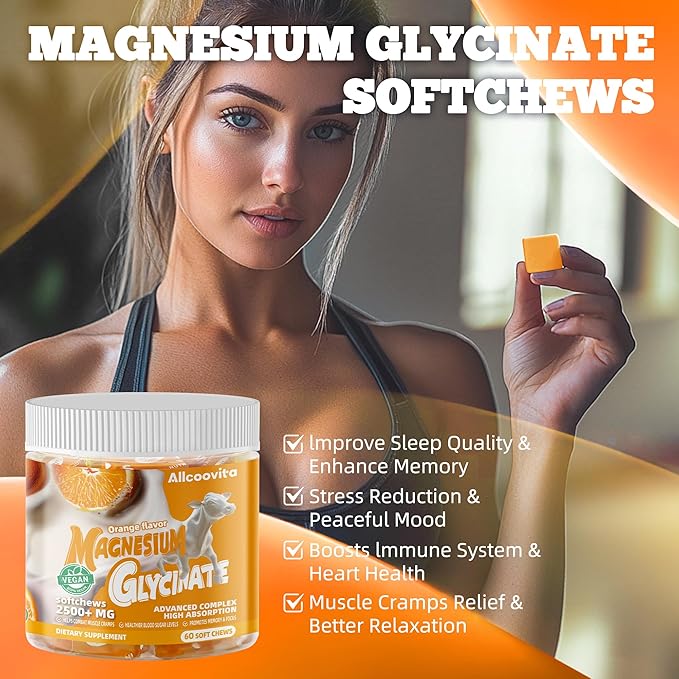 Magnesium Glycinate Soft Chews, Orange Flavor.Chewable Sugar Free Potassium Magnesium Chews with Magnesium Glycinate, Vitamin D, B6, and CoQ10 for Calm Support & Sleep for Adults, 60 Days Supply
