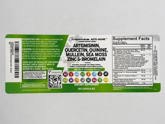 Clean Nutraceuticals Artemisinin Quercetin Zinc Mullein Quinine Supplement with Sea Moss Bromelain Ashwagandha Root Nettle Leaf Bladderwrack Burdock Root Monolaurin Colostrum Rutin