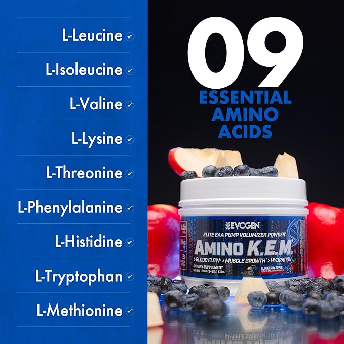 Evogen Amino K.E.M. - EAA & BCAA Powder Pump Volumizer | BCAAs Amino Acids Supplement for Blood Flow, Muscle Growth, & Hydration | Blueberry Apple | 30 Servings