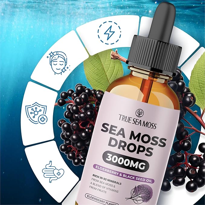 Irish Sea Moss Drops - 5X Stronger Than Sea Moss Gel - 92+ Essentials Minerals - with Black Elderberry, Burdock Root & Black Cumin - 2 Fl Oz (60ml) - Elderberry Flavor
