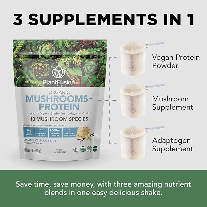 Plantfusion Mushroom Protein Powder - 3 in 1 Vegan Protein Powder, Mushroom Supplement, and Adaptogen Supplement - Support Mental Focus, Immunity, and Recovery - Chocolate 1lb