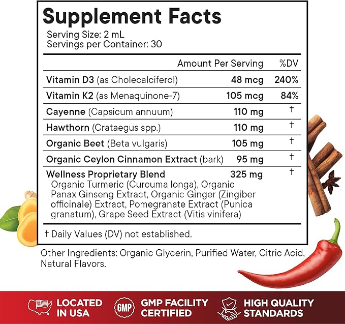 Cayenne Pepper Supplement Liquid Drops + Hawthorn Berry, Vitamin D3 K2 Beet Root Powder, Ceylon Cinnamon, Turmeric Curcumin, Organic Panax Ginseng - 2 OZ