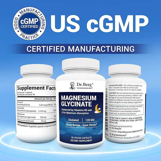 Dr. Berg Magnesium Glycinate with Vitamin D, B6 & Zinc for Stress Relief, Calm, Relaxation, & Good Sleep* - 120 mg Per Magnesium Supplement Capsule - Chelated Magnesium Glycinate - 90 Caps