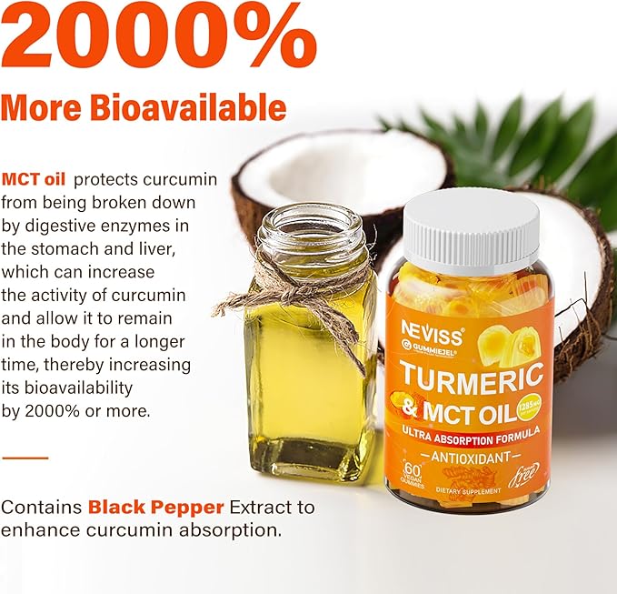 Sugar Free Turmeric Gummies 1000mg w/MCT Oil C8 C10, Organic Antioxidant, Turmeric Curcumin Supplement with Black Pepper Extract Improve Digestion & Comfort, Boost Energy, Ultra Absorption, 60 Count