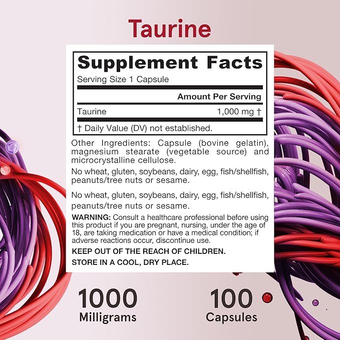 Jarrow Formulas® Taurine 1000 mg, Dietary Supplement, Amino Acid Supplement for Brain Health Support, 100 Capsules, 100 Day Supply