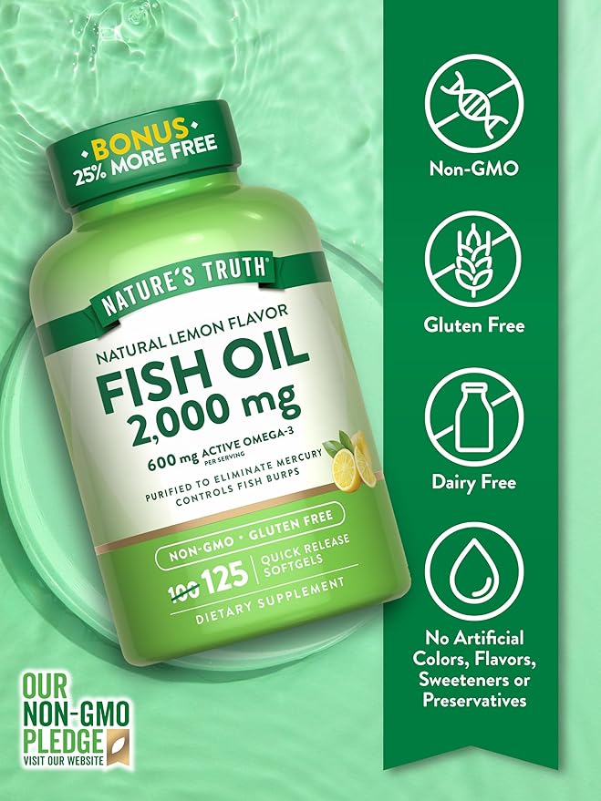 Nature's Truth Omega 3 Fish Oil 2000 mg | 125 Liquid Softgels | Burpless, Lemon Flavor Pills | Non-GMO and Gluten Free Supplement