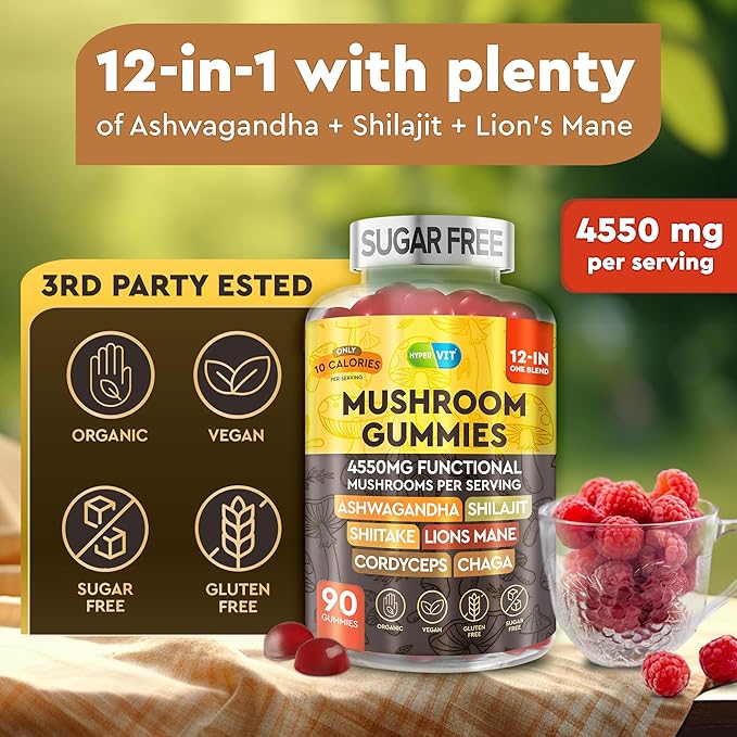 12in1 Mushroom Gummies 4550mg w Ashwagandha Shilajit Lion’s Mane Cordyceps Shiitake Chaga - Complex Mushrooms Supplement for Adults - Energy and Cognitive Focus – Sugar Free - 90 Count (45 servings)
