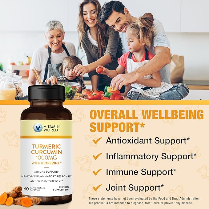 Vitamin World Turmeric Curcumin 1000mg, BioPerine Black Pepper Extract for Better Absorption, 95% Curcuminoids, Turmeric Supplement for Antioxidant & Joint Support, Gluten-Free, 60 Capsules