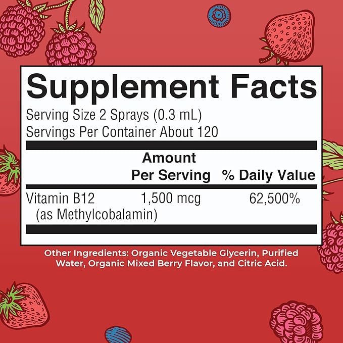 MaryRuth Organics Vitamin B12 Liquid Spray | Vegan, Non-GMO, Gluten-Free | USDA Organic Supplement | Energy & Nervous System Support | B12 Vitamins for Women & Men | 1,500 mcg | 1 Fl Oz