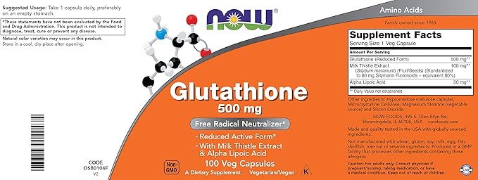 Now Glutathione 500 mg, 100 Vegan Capsules - Reduced Form GSH Supplement - Enhanced with Milk Thistle Extract and Alpha Lipoic Acid