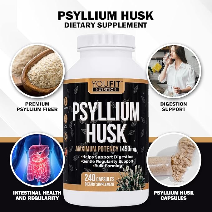 PSYLLIUM Husk Capsules - Premium Psyllium Fiber Supplement - Promotes Intestinal Health and Regularity - 100% Natural Soluble Fiber 1450mg Per Serving - 240 Capsules