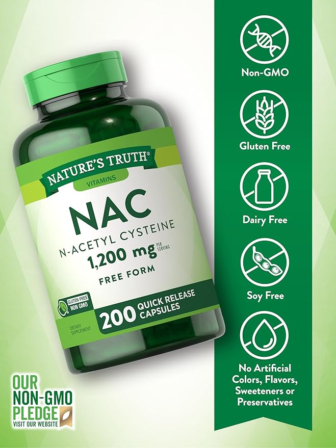 Nature's Truth NAC N-Acetyl Cysteine | 1,200mg | 200 Capsules | Free Form Amino Acid | Non-GMO & Gluten Free Supplement