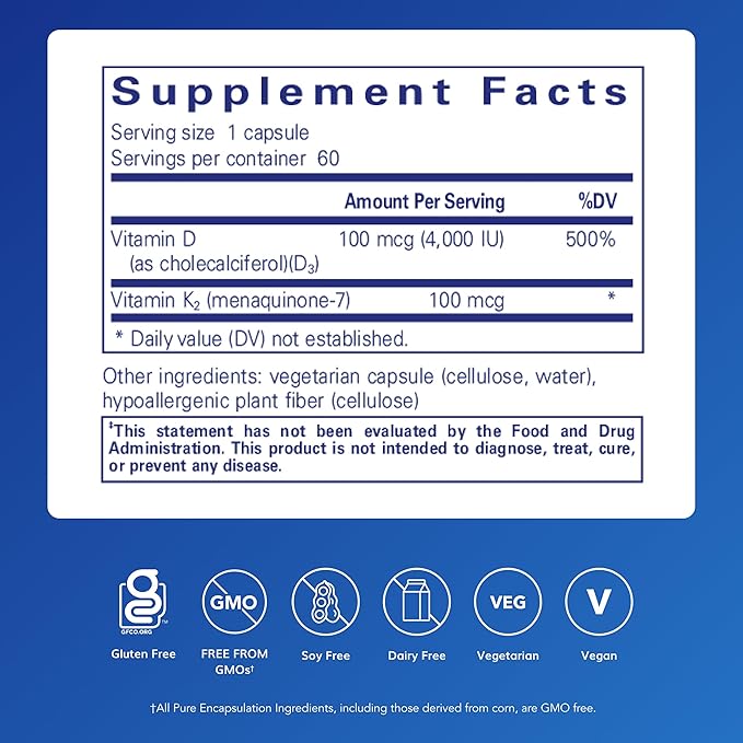 Pure Encapsulations Vitamin D3 & K2 | Bone and Vascular Health Support | 60 Capsules*