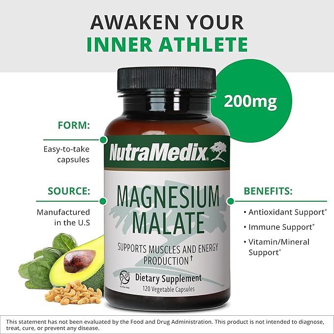 NutraMedix Magnesium Malate Energy Supplements - Bioavailable Magnesium for Sleep, Immune Support & Joint Health - Vegan, Non-GMO & Gluten-Free Magnesium Supplements (120 Vegetarian Capsules)