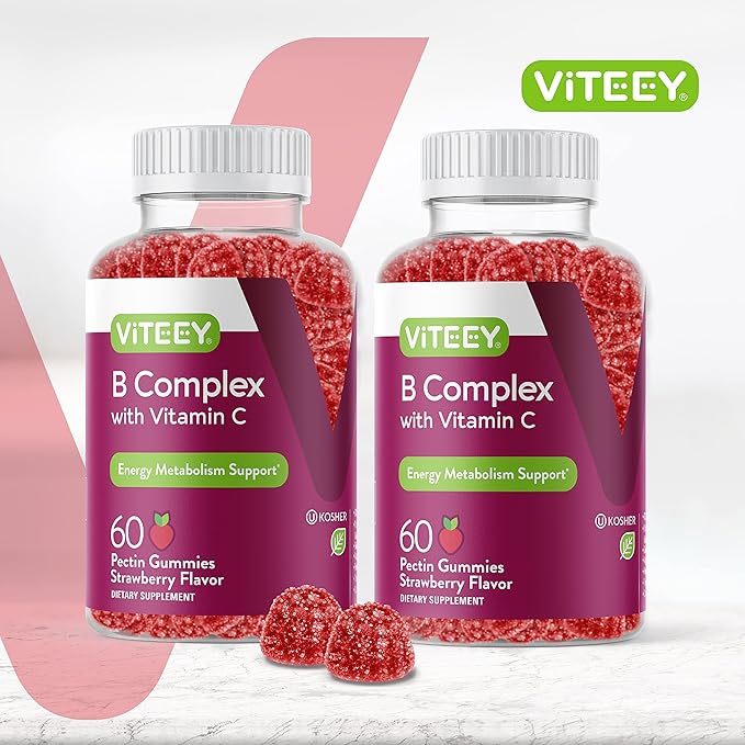 Vitamin B Complex Gummies for Adults with Vitamin C, B6, B12, Niacinamide, Folic Acid, Biotin, Calcium - Supports Energy & Metabolism - Vegan, Gluten Free, Gelatin Free - Chewable Strawberry Flavored