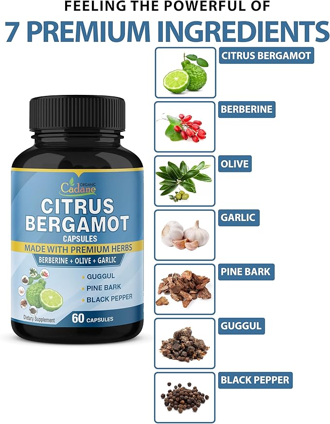 Organic Cadane 2 Packs Citrus Bergamot Extract Capsules with Berberine, Olive, Guggul, Garlic, Pine Bark, Black Pepper | 4 Months Supply