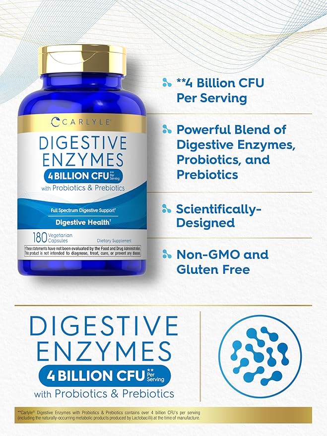 Carlyle Digestive Enzymes | with Probiotics & Prebiotics | 180 Capsules | Non-GMO and Gluten Free Supplement for Men & Women