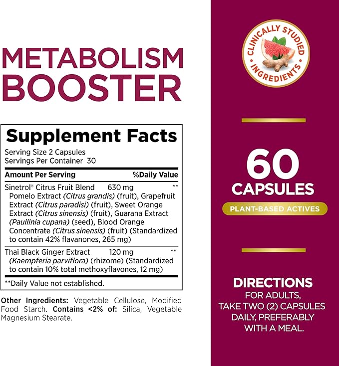Nature's Bounty Optimal Solutions Metabolism Booster Supplement, Boosts Fat Metabolism, Promotes Abdominal Fat Loss, With Citrus Extracts and Black Ginger, 60 Capsules