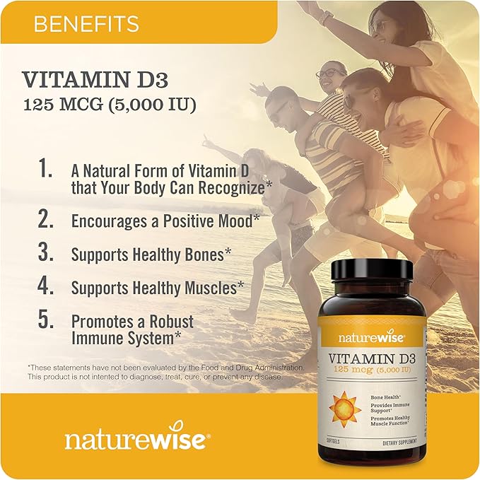 NatureWise Vitamin D3 5000iu (125 mcg) 200-Day Supply for Immune Support, Healthy Muscle Function, and Bone Health - Non-GMO, Gluten Free in Organic Extra Virgin Olive Oil, (Mini Softgel), 200 Count