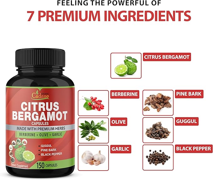 Organic Cadane Citrus Bergamot Supplement Capsules with Berberine, Olive, Guggul, Garlic, Pine Bark, Black Pepper - 150 Caps for 5 Months Supply