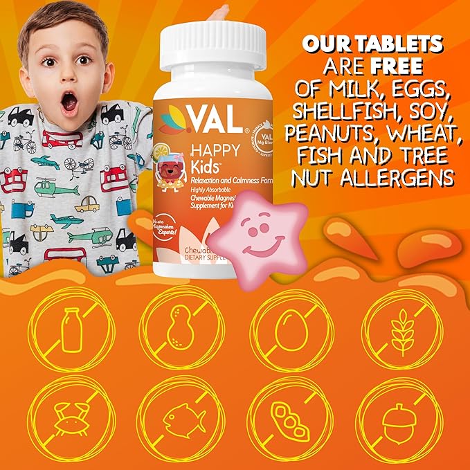 VAL Magnesium for Kids | High-Absorption Magnesium for Calm, Relaxation & Focus | Mg Glycinate, Citrate & Taurate | with Vitamin B6, D & C | Sugar-Free, Non-GMO | 60 Chewable Tablets