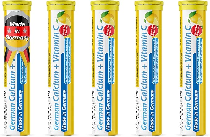 German Calcium + VIT. C - 100 Vegan Drink Effervescent Tablets - Lemon Lime Flavor - Made in Germany