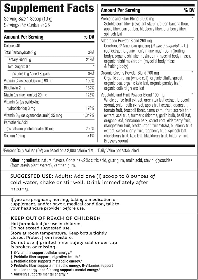 Benefiber Prebiotic Fiber + Supergreens Dietary Supplement Powder, Watermelon Lemonade Flavor, 8.8 oz (250g), 25 Day Supply