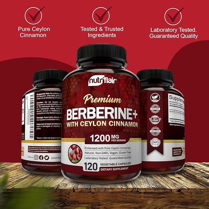 NutriFlair Premium Berberine HCL 1200mg, 120 Capsules - Plus Pure True Ceylon Cinnamon, Berberine HCI Root Supplements Pills - Immune System, Healthy Weight Management