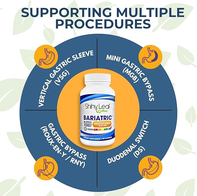 Shiny Leaf Bariatric Multivitamin Without Iron - Vitamins for Gastric Bypass & Sleeve, 1 Daily Capsule W Vitamin A, C, D, Biotin, Zinc, B12, K, Vegetarian, Soy-Free, GMP Cert., Made in USA (90 Ct.)