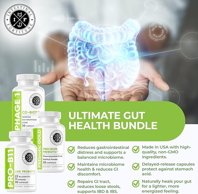 Intestinal Fortitude Gut Health Supplement Bundle - PREbiotic Gold, PRO-B11, Phage 1 - w/Gold Kiwifruit Pectin, SCFAs, and 22 Billion CFU for Microbiome Support, Gluten, Soy, & Dairy-Free Capsules
