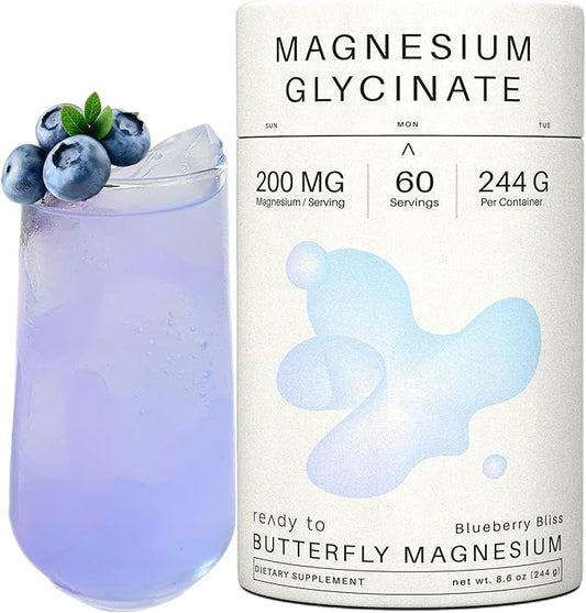 Magnesium Glycinate Powder 200mg | High Absorption Chelated Bisglycinate with Organic Butterfly Pea Flower | Supports Stress Relief, Calm & Sleep | 8.6 oz, 60 Servings