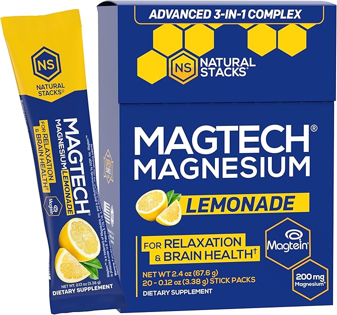 MagTech Magnesium Drink Mix Lemonade - 3 Forms of Magnesium: Magtein L-Threonate, Glycinate & Taurate - 200mg Chelated Magnesium Complex - Supports Relaxation & Brain Health* - 20 Stick Packs