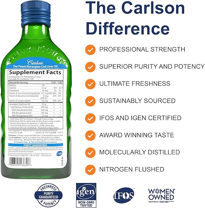 Carlson - Kid's Cod Liver Oil, 550 mg Omega-3s, Vitamins A & D3, Wild Norwegian, Bubble Gum, 250 mL