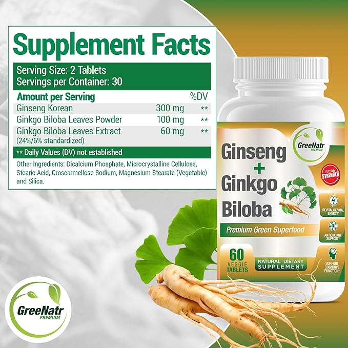 Ginko Biloba & Panax Ginseng Supplement - Red Ginseng Brain Supplement for Memory and Focus - Ginkgo Biloba Supplements for Good Vision, Immune System and Improved Blood Flow - 3 Bottles