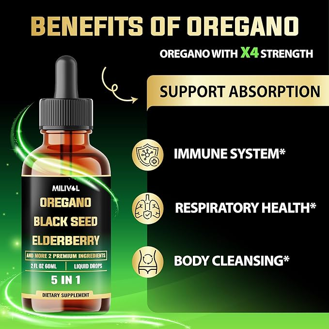 5in1 Oregano Oil Liquid Drops with Black Seed, Elderberry, Garlic, Olive Leaf - Immune Support Supplement - 2 Fl Oz