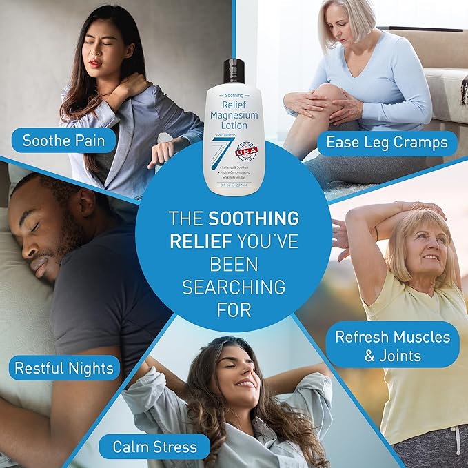 Seven Minerals Magnesium Lotion for Sleep, Soothing Relief & Relaxation - Highly Concentrated Magnesium for Better Sleep, Feet & Joint Care. Non-Greasy Lotion with Skin Friendly Ingredients - 8 fl oz