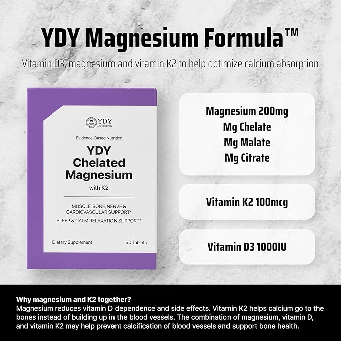 YDY Chelated Magnesium with K2 - Magnesium 200mg, Vitamin D3 25mcg, K2 100mcg - High Absorption, Supports Muscle, Bone, Nerve, Sleep - 60 Tablets
